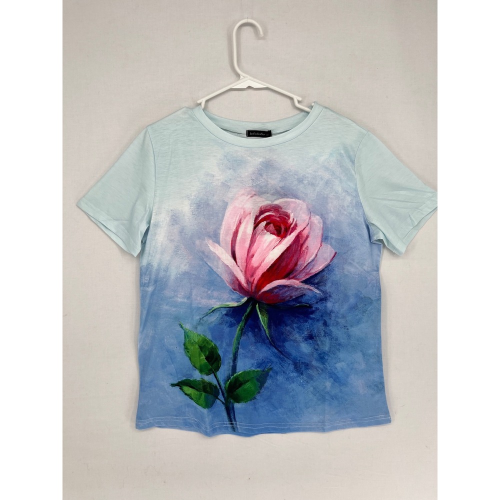 JustFashionNow Rose Graphic T-Shirt Blue Pink Floral Art Print Top Large NWT